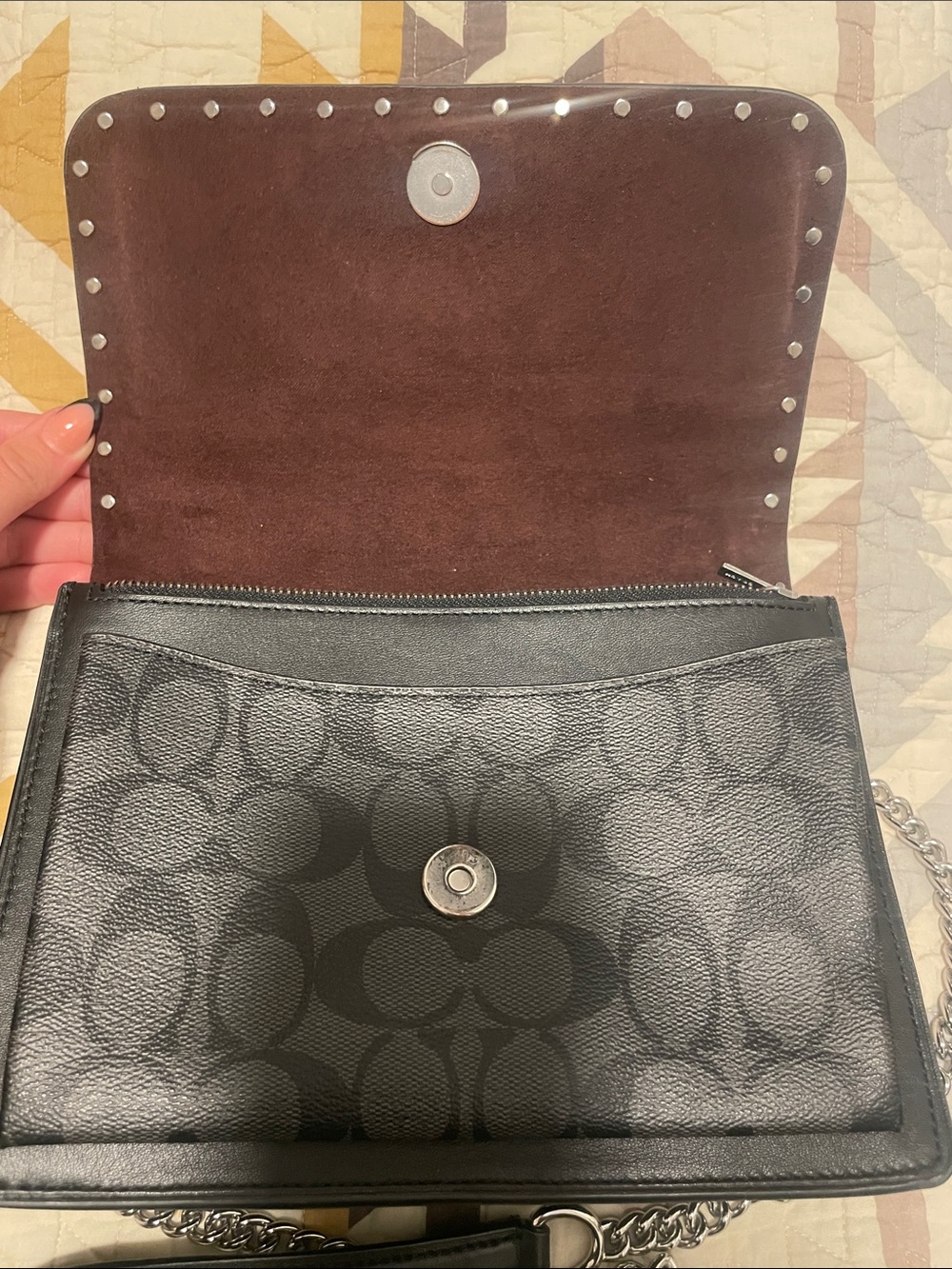 Coach Black Leather Shoulder Bag with Silver Chain and Studs - Picture 3 of 8